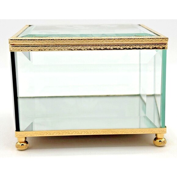 Crystal Glass Mirrored Jewelry Trinket Box Beveled Footed Etched Flower Embossed - Picture 4 of 16